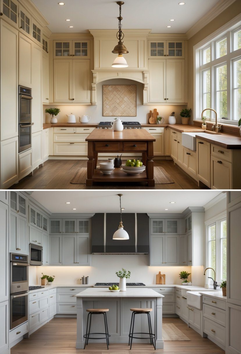 A split-view kitchen interior showing two different designs side by side, one with warm tones and traditional features, the other with cool tones and modern fixtures.