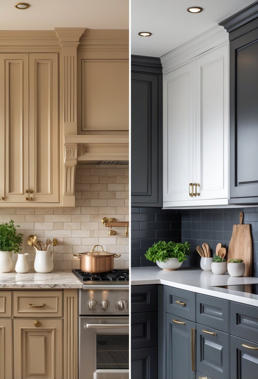 A kitchen interior split into two halves, one side with warm wood cabinets and cream tones, the other with sleek gray and white cabinets, both well-lit and neatly arranged.