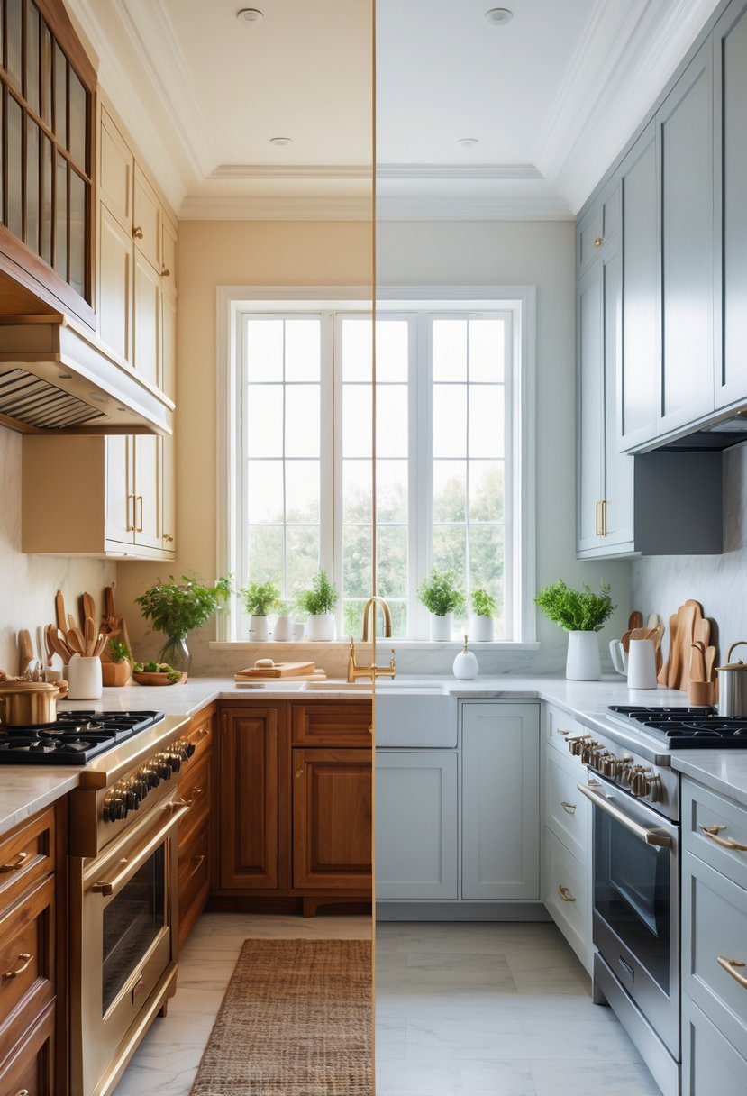Two side-by-side kitchens showing one with warm, earthy colors and traditional design, and the other with cool tones and sleek modern features.