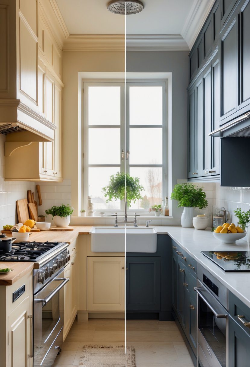 A kitchen interior split into two sides showing different color schemes, one warm and traditional, the other cool and contemporary, with countertops, cabinets, and appliances visible.