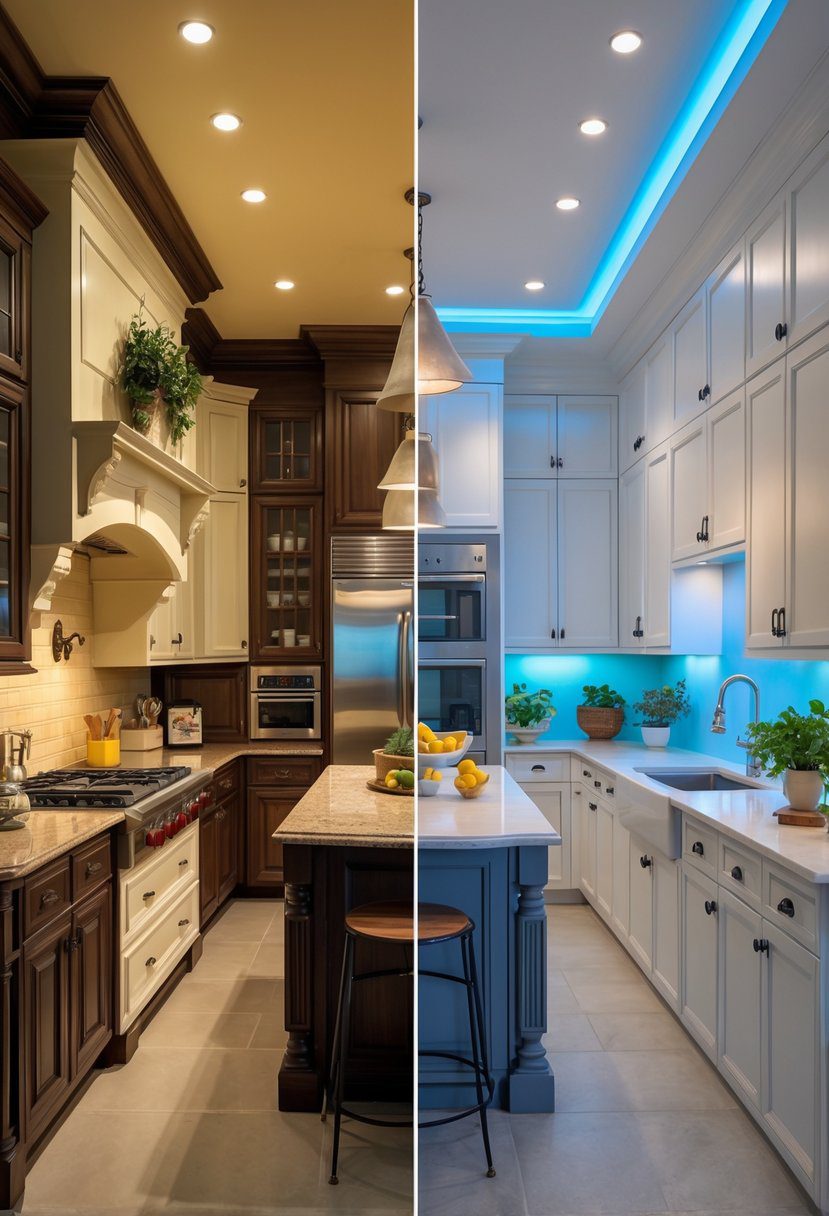 A kitchen interior divided into two sections, one with warm cream and wood tones and the other with sleek white and gray colors, both featuring kitchen islands and appliances.