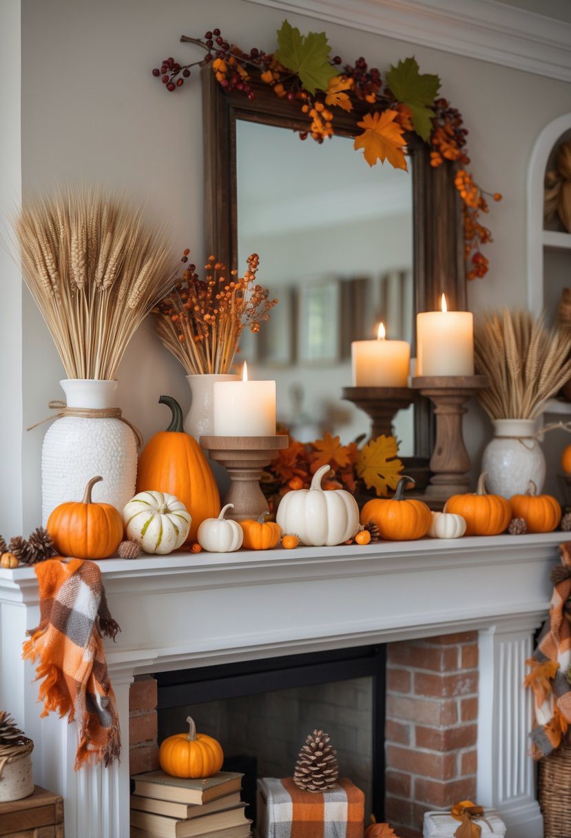 A fireplace mantle decorated with various fall items including pumpkins, candles, dried leaves, pinecones, berries, and a garland of autumn leaves.