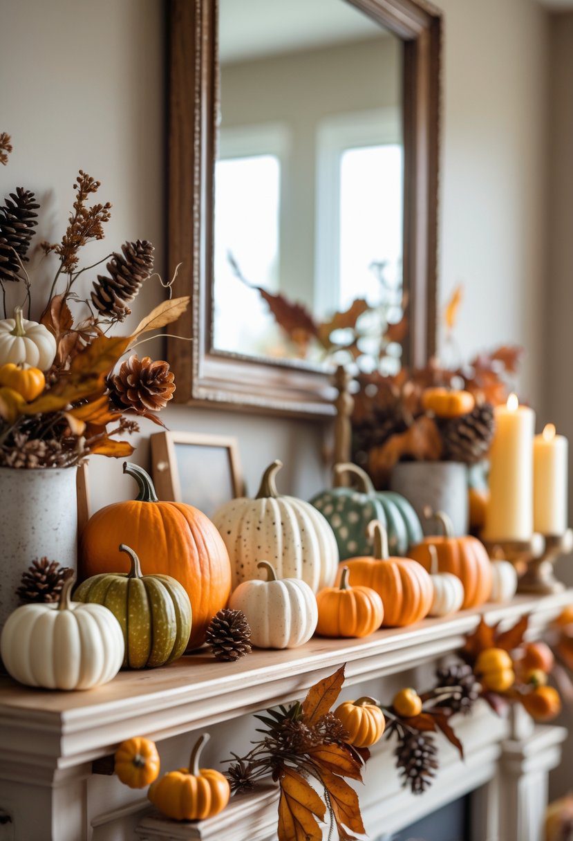 A fall mantle decorated with ten miniature pumpkins of different colors and textures, along with dried leaves, pinecones, candles, and autumn flowers.