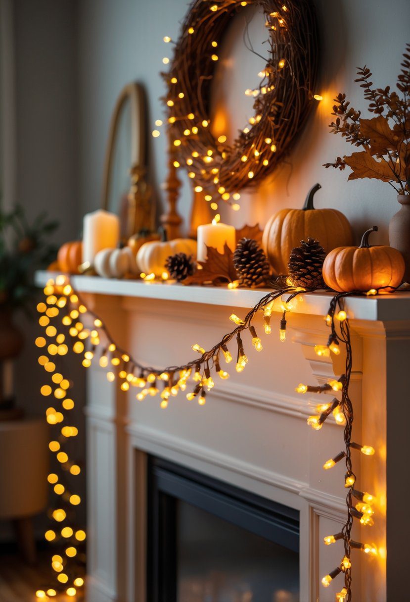 A living room mantle decorated with warm fairy lights, small pumpkins, pinecones, dried leaves, and candles for fall.