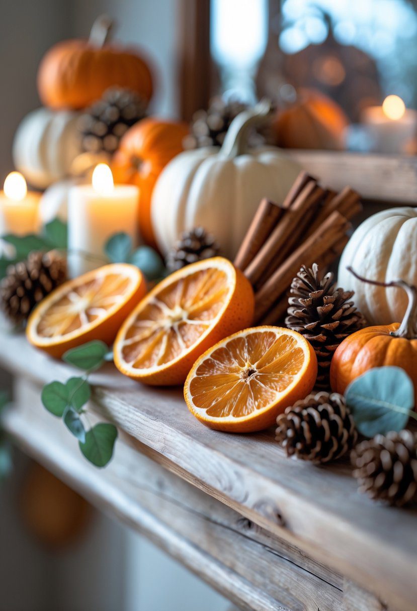 A fall mantle decorated with dried orange slices, cinnamon sticks, small pumpkins, pinecones, and candles.