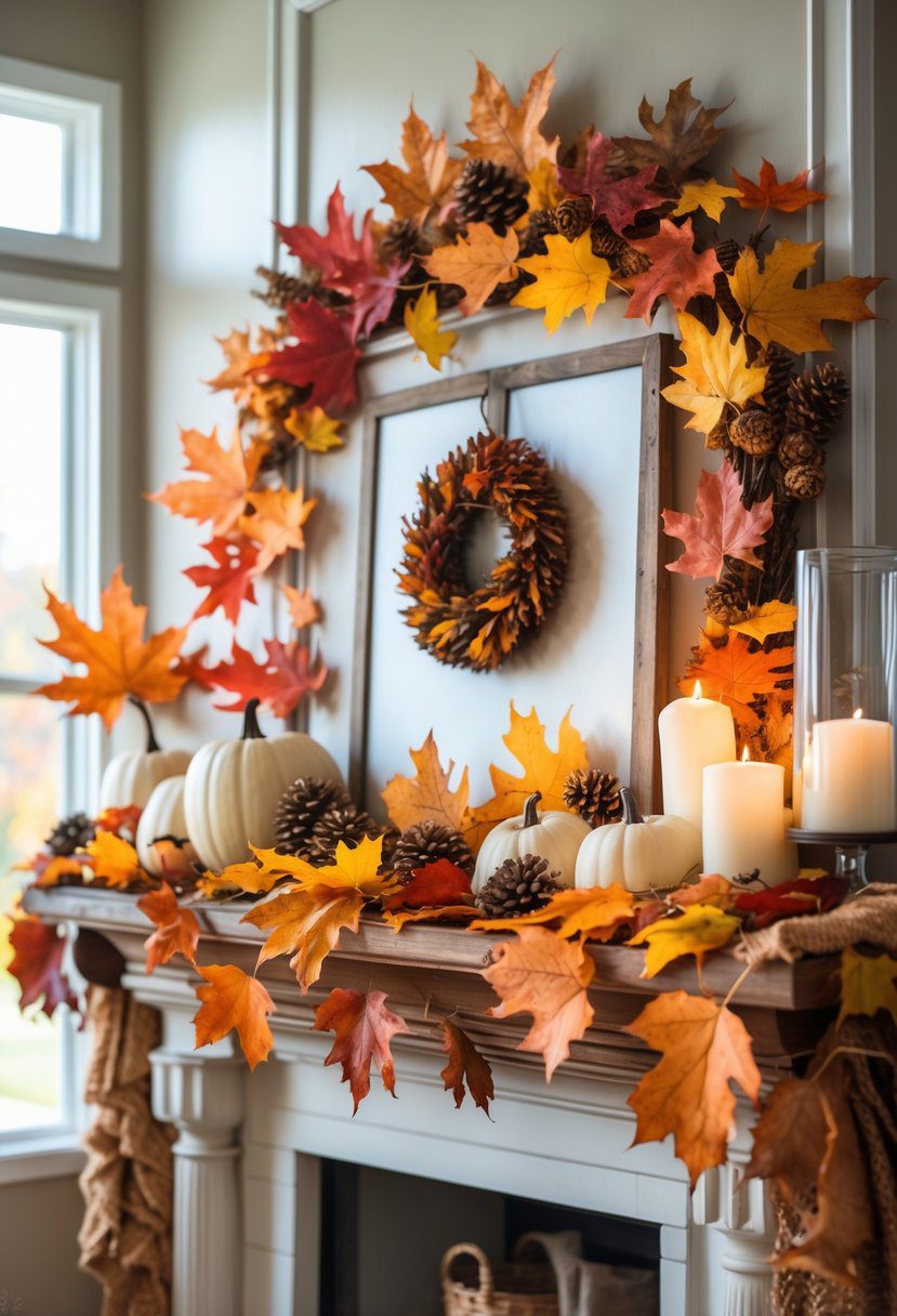 A mantel decorated with a mix of real and faux autumn leaves, small pumpkins, pinecones, candles, and rustic fall decor items.