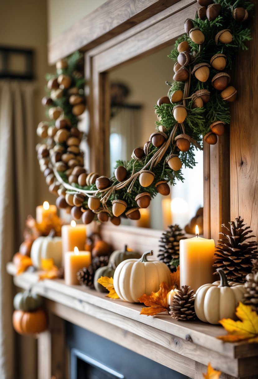 A fall mantle decorated with a rustic wooden garland featuring acorns, small pumpkins, pinecones, dried leaves, and candles.