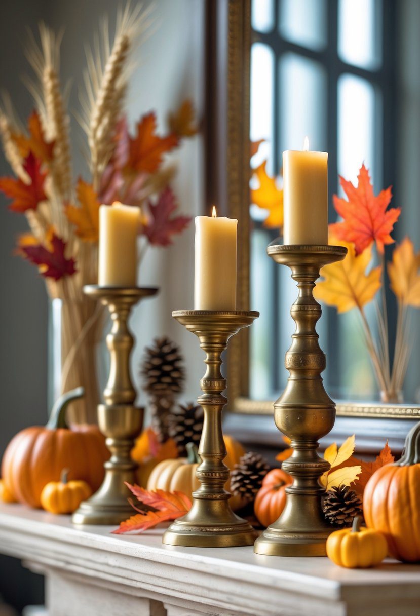 A mantel decorated with vintage brass candle holders surrounded by autumn leaves, pumpkins, and pinecones.