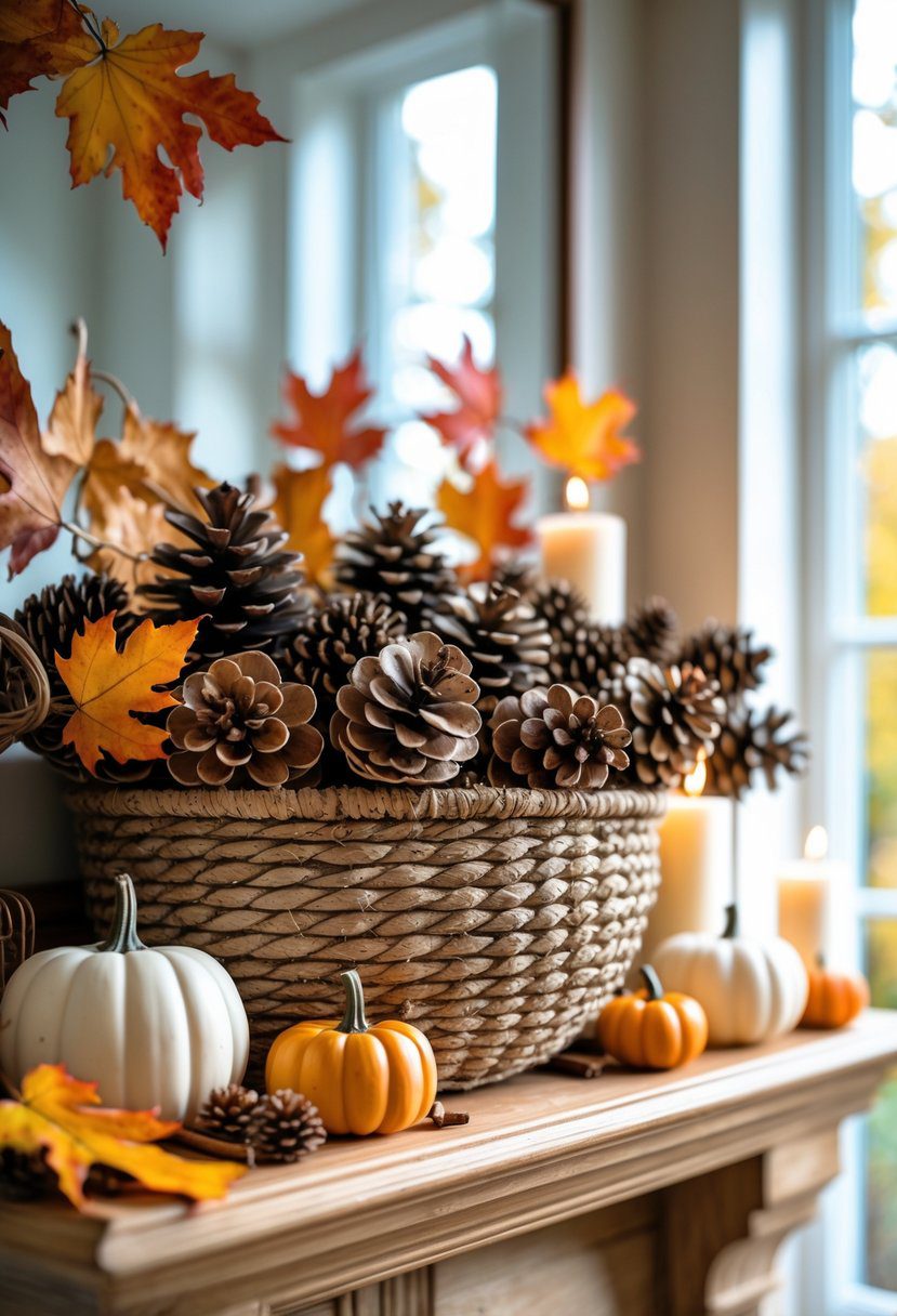 A woven basket filled with pinecones on a wooden mantle surrounded by pumpkins, autumn leaves, and candles.