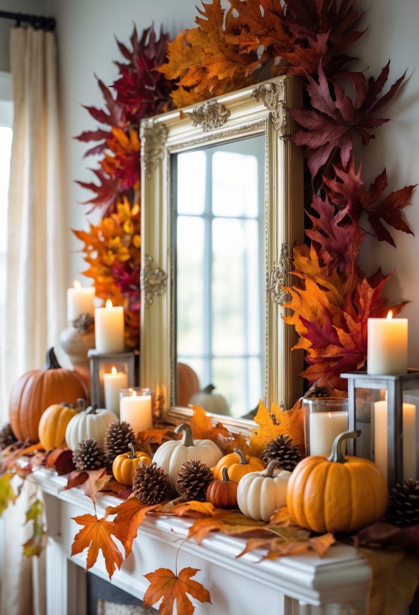 A statement mirror on a mantle surrounded by colorful fall leaves and various autumn decorations.
