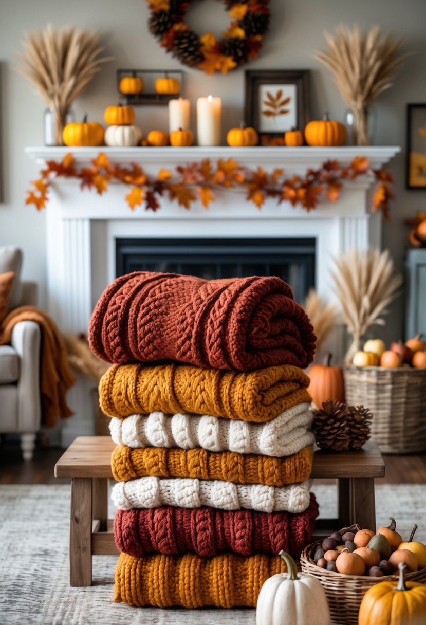 A stack of cozy knit blankets beside a fireplace mantle decorated with pumpkins, candles, leaves, and other autumn decor items.