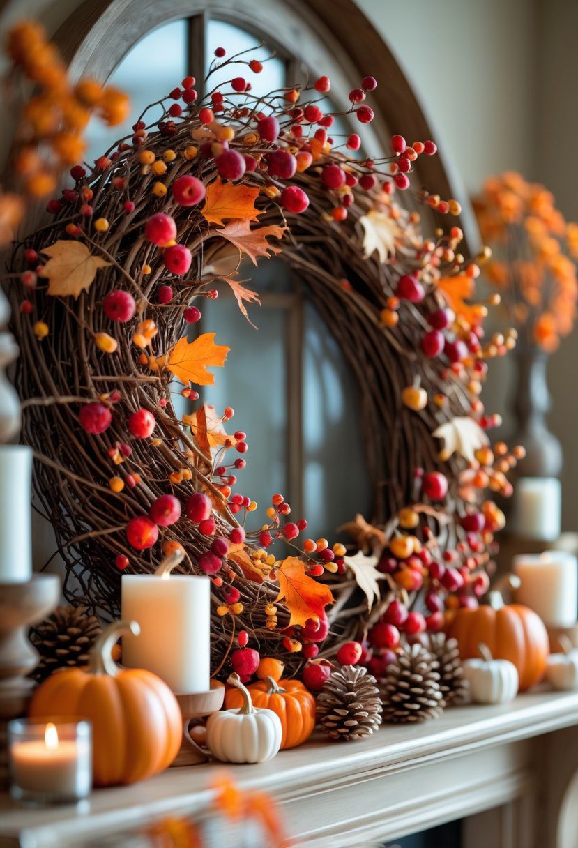 A seasonal wreath made of berries, twigs, and fall leaves displayed on a mantle with pumpkins, candles, and pinecones.