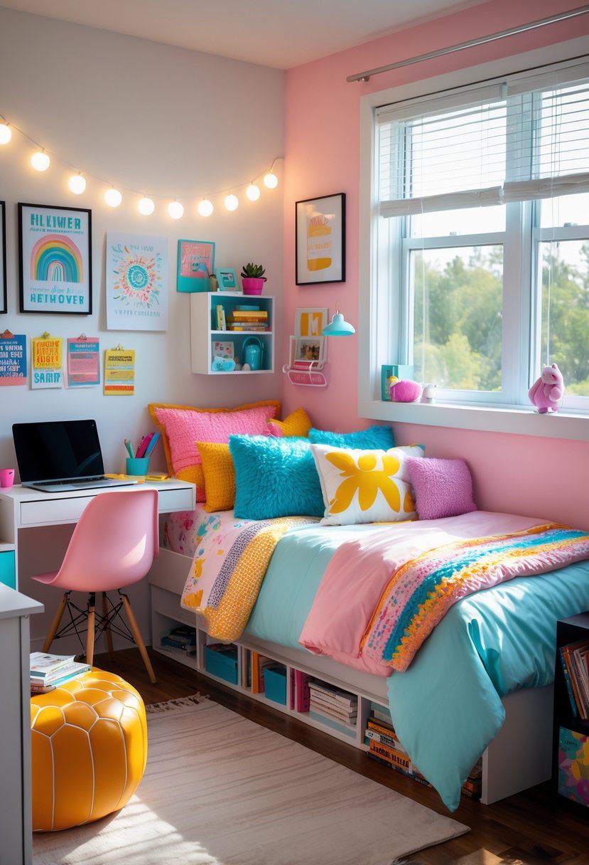 A bright teen bedroom with a cozy bed, study desk, bookshelf, and colorful decorations.