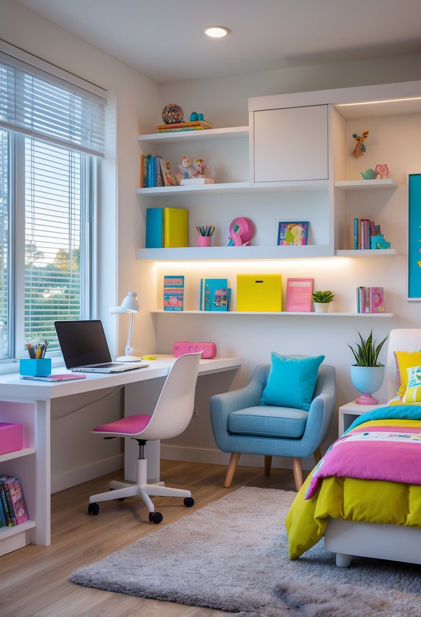 A teenage bedroom with a study desk by a window and a cozy lounge area featuring an armchair and small table.