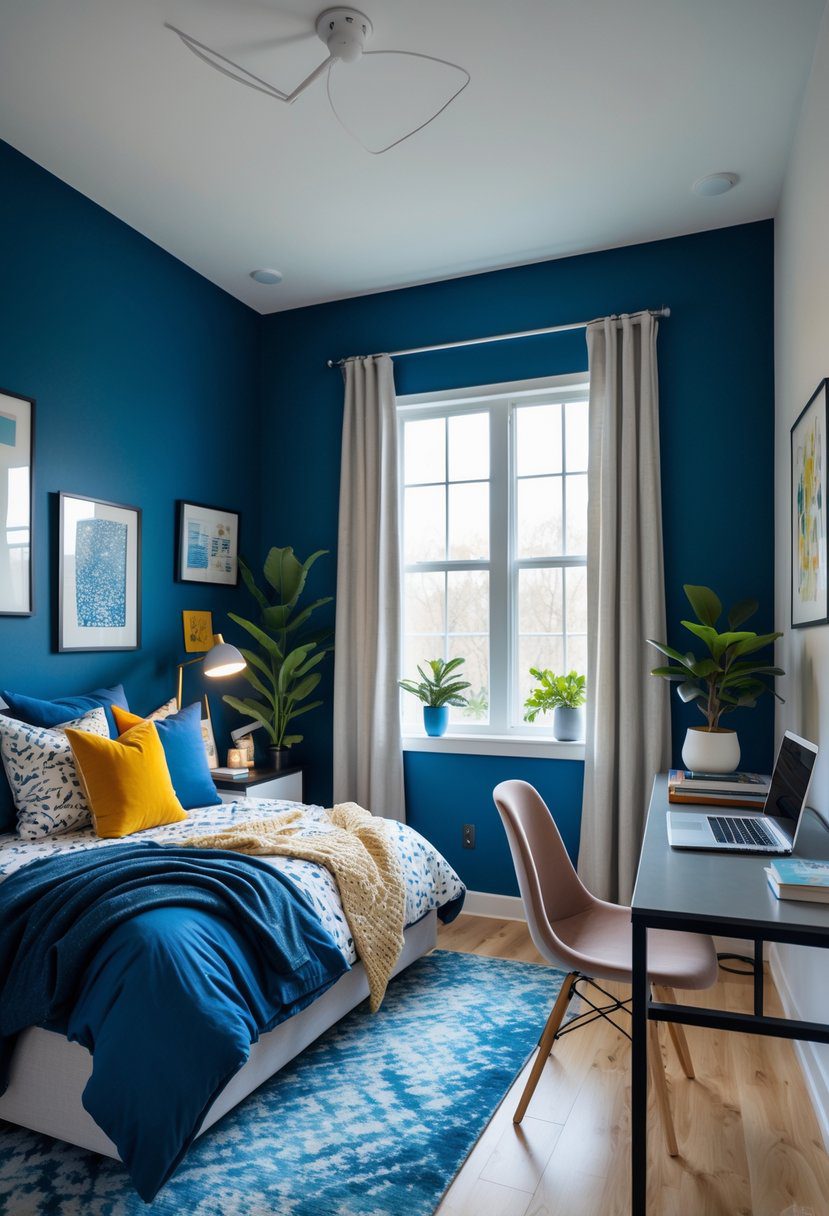 A teenage bedroom with a deep blue accent wall, bed, desk, and natural light coming through a window.