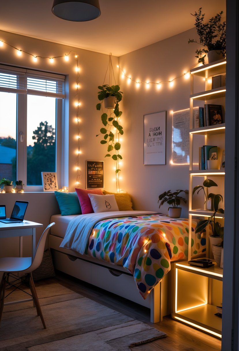 A teen bedroom with string lights and LED strips providing warm ambient lighting over a bed, desk, and shelves.