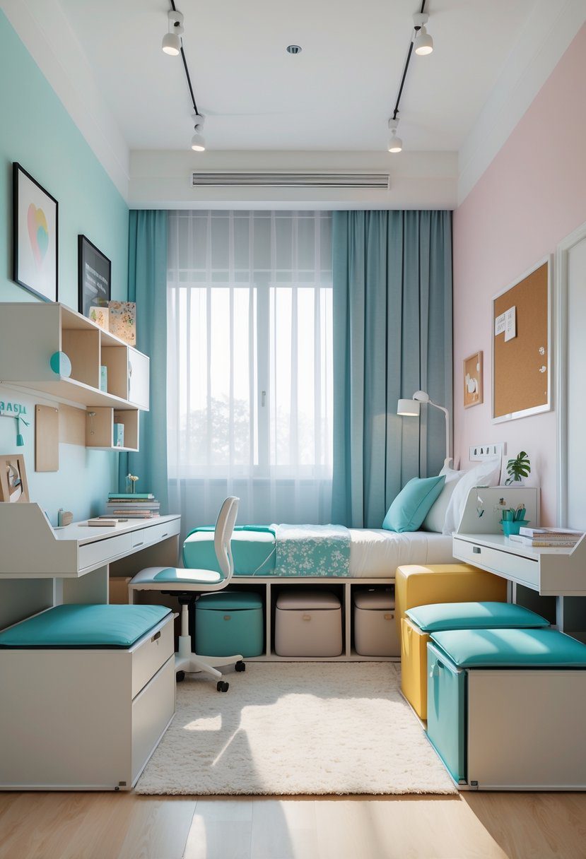 A teenage bedroom with modular furniture including a bed with storage, a desk with shelves, and movable seating cubes, lit by natural light from a large window.