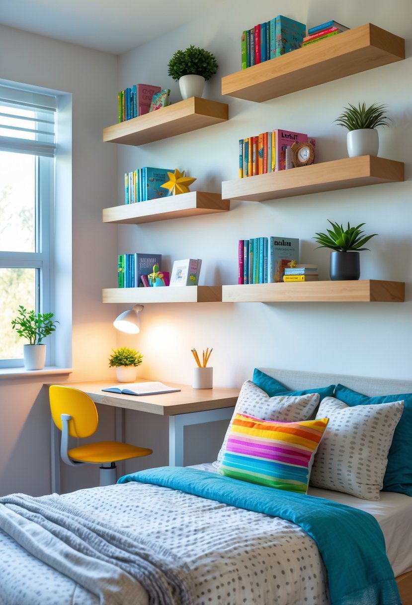 A teen bedroom with floating shelves displaying books and decor, a bed, and a desk.