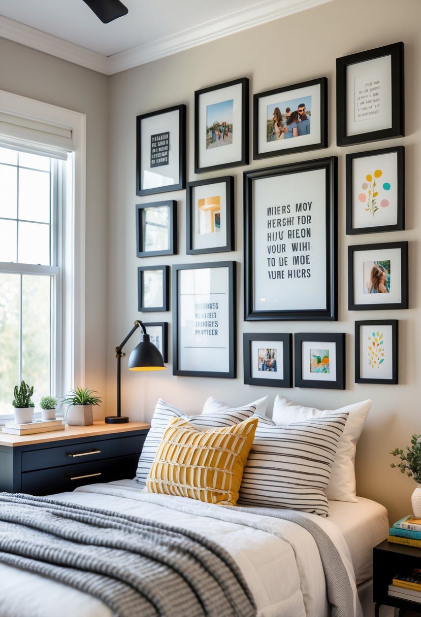 A teen bedroom with a gallery wall of framed art and personal photos above a bed.