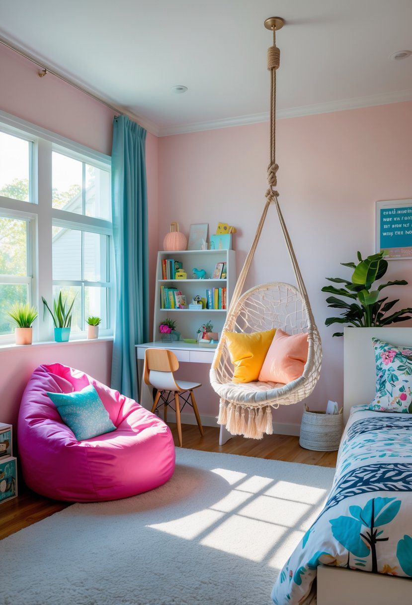 Teen bedroom with a bean bag chair, hammock chair, bed, desk, and plants in a bright, well-lit room.
