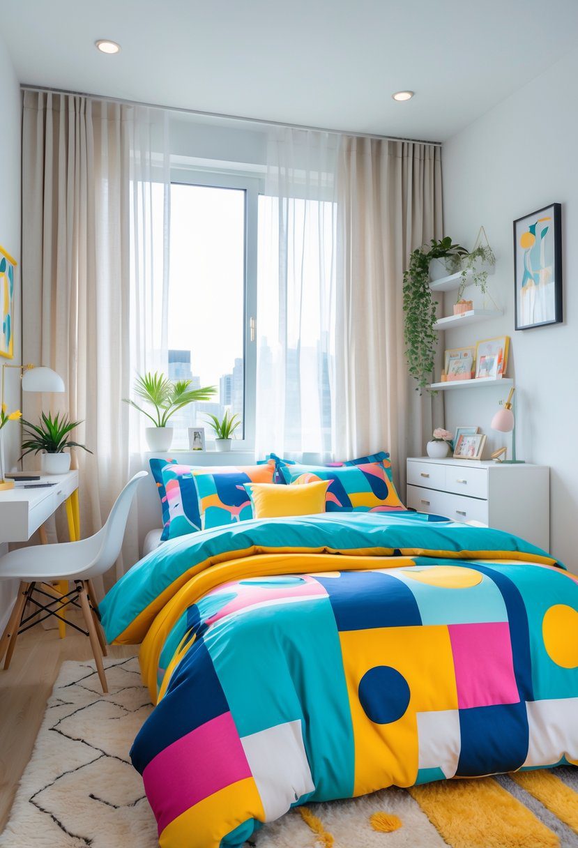 A tidy teen bedroom with a bed covered in colorful geometric patterned bedding, a desk, chair, shelves, and natural light coming through a window.