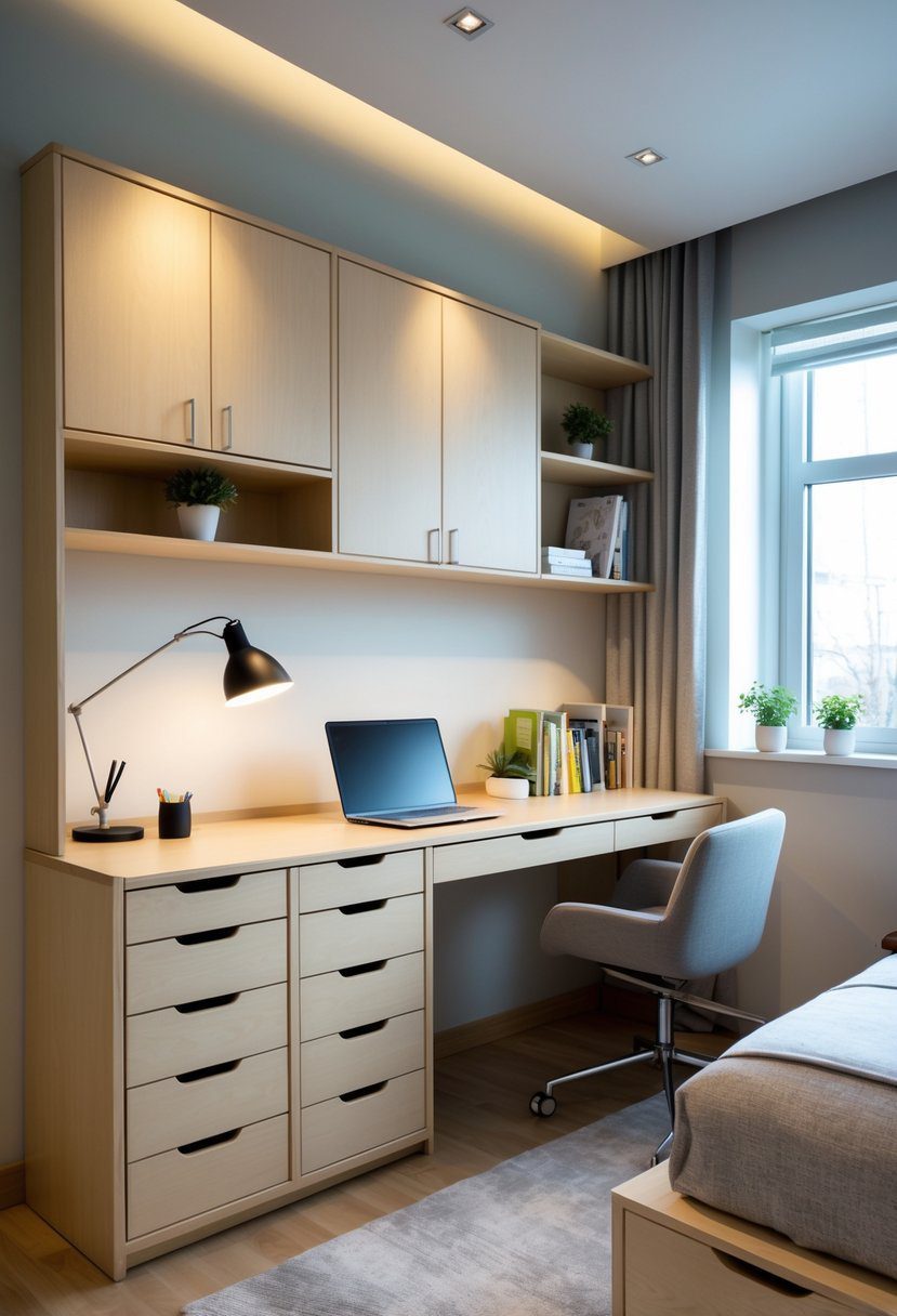 A teenage bedroom with a built-in desk featuring storage drawers, a bed, and shelves with books and plants.