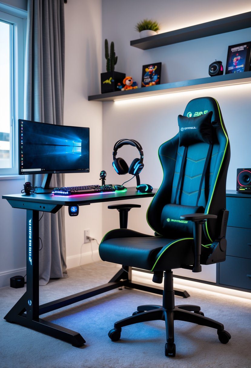 Teen bedroom with a gaming station featuring a curved monitor, ergonomic chair, and gaming accessories, with a bed and shelves in the background.