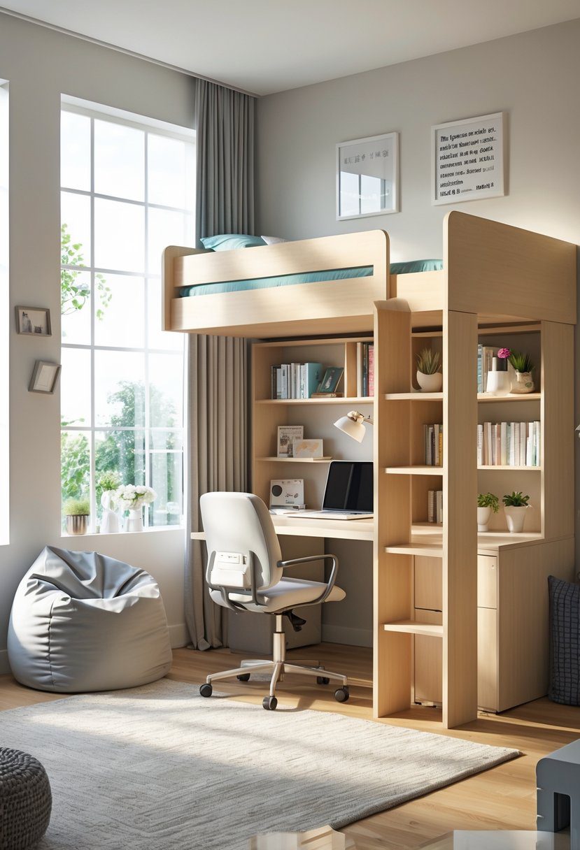 A teen bedroom with a loft bed and a study area underneath, featuring a desk, chair, shelves, and natural light from large windows.