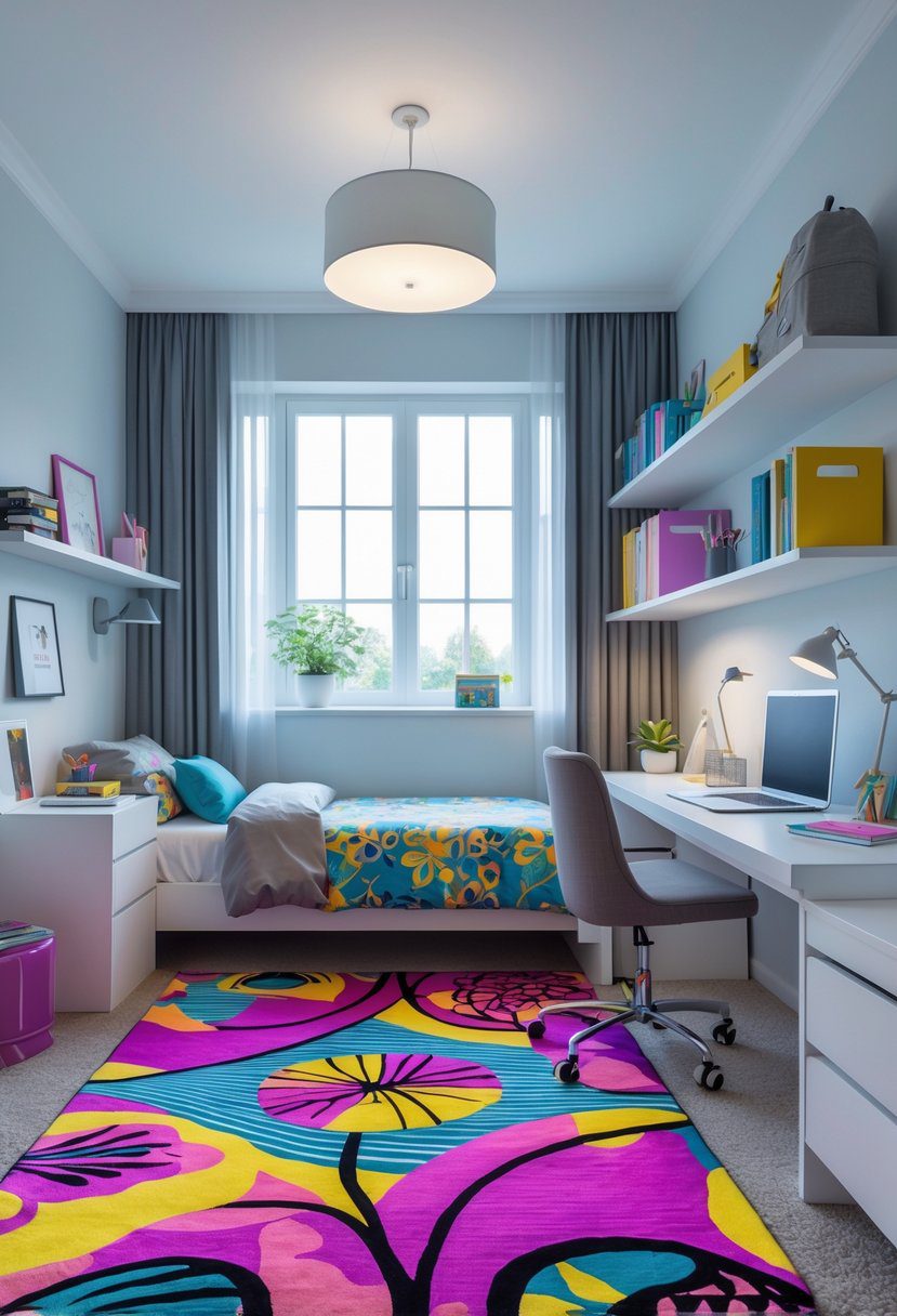 A bright teenage bedroom with a colorful statement rug, a bed, desk, and shelves filled with books and decorations.