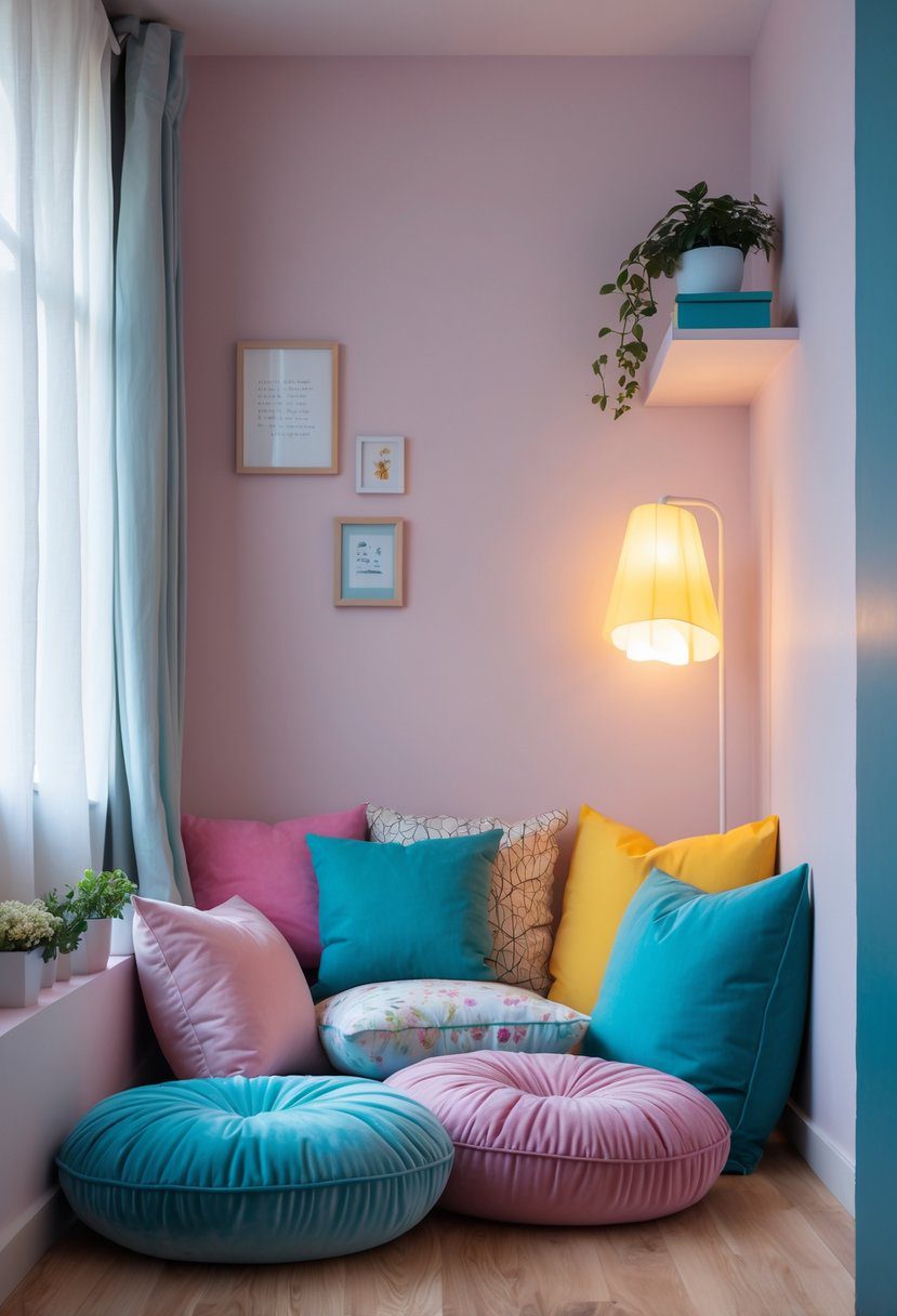 A cozy reading nook with soft cushions on the floor and a floor lamp beside a window in a teenager's bedroom.