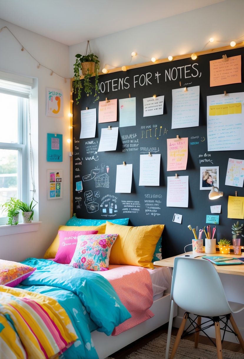 Teenage bedroom with a corkboard or chalkboard wall covered in notes and drawings, a bed, desk, and various decorations.