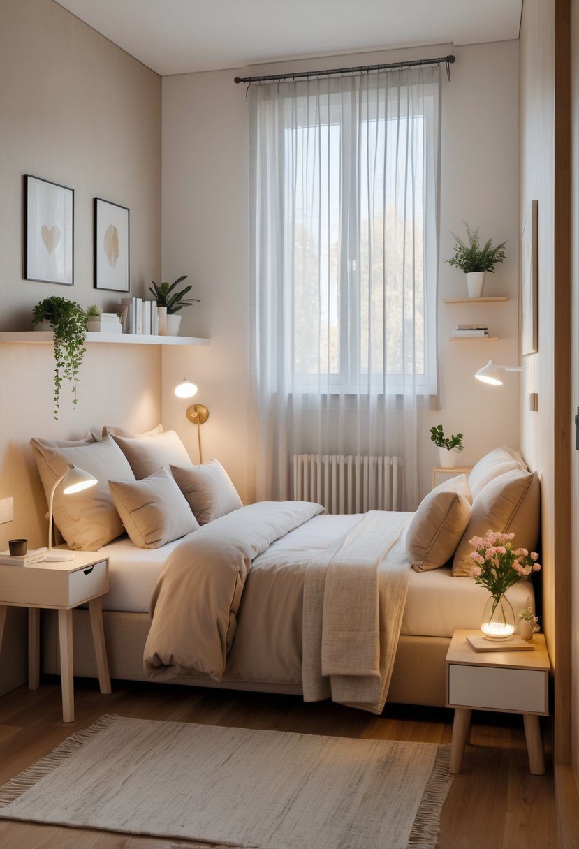 A small bedroom with a double bed, nightstand, window, and cozy decorations designed for couples.