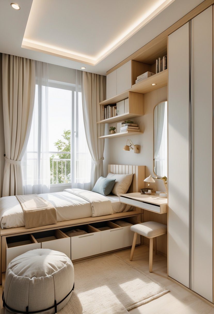 A small bedroom for a couple featuring a bed with storage drawers, a foldable wall desk, floating shelves, and a compact wardrobe, all arranged to save space and add functionality.