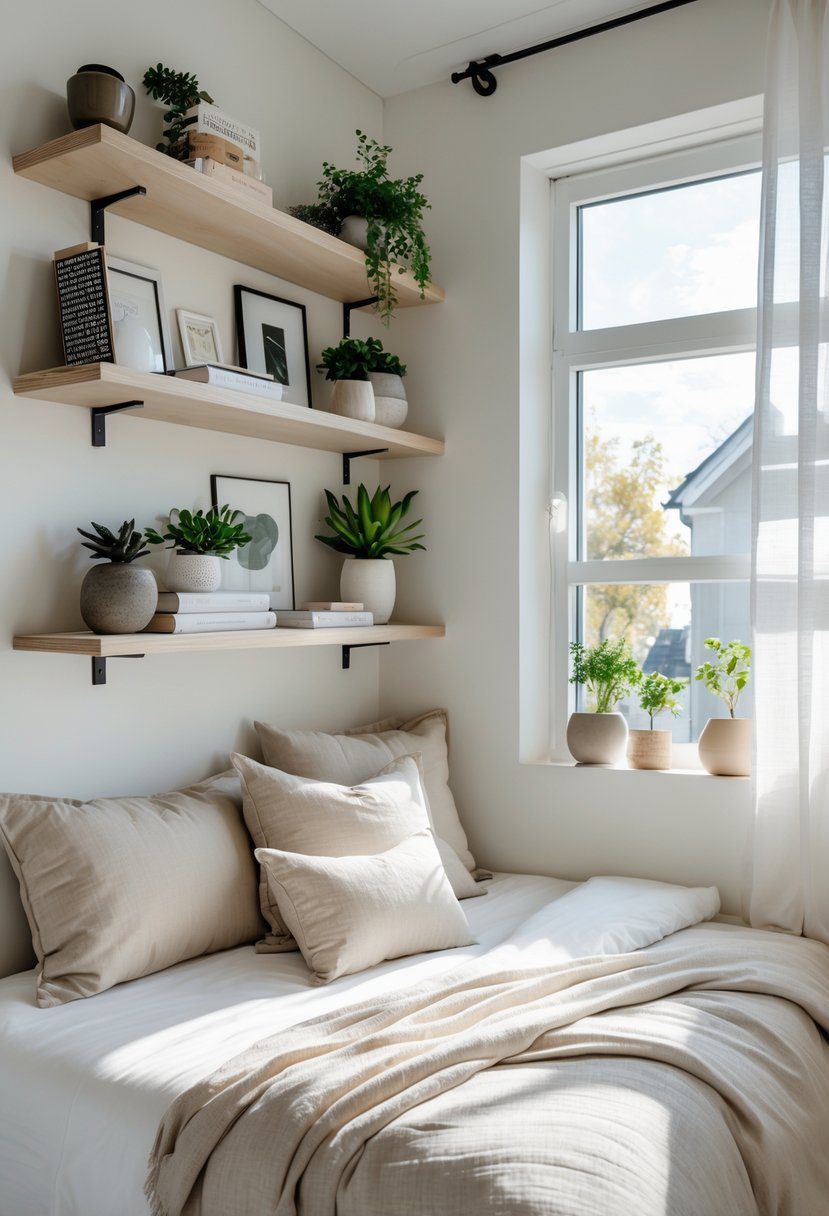 A small bedroom for a couple with wall-mounted shelves above the bed holding books and plants, a double bed with pillows, and natural light coming through a window.