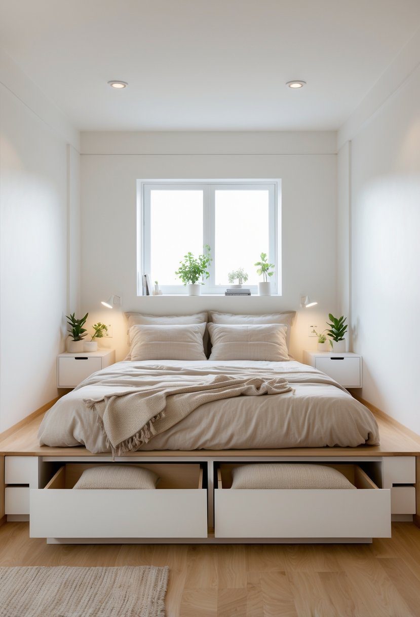 A small bedroom with a platform bed that has built-in drawers underneath, neatly made with pillows and soft lighting coming through a window.