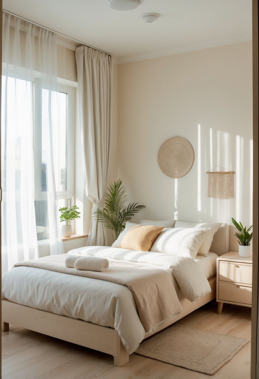 A small bedroom with a double bed, light-colored walls, wooden furniture, and natural sunlight coming through sheer curtains.