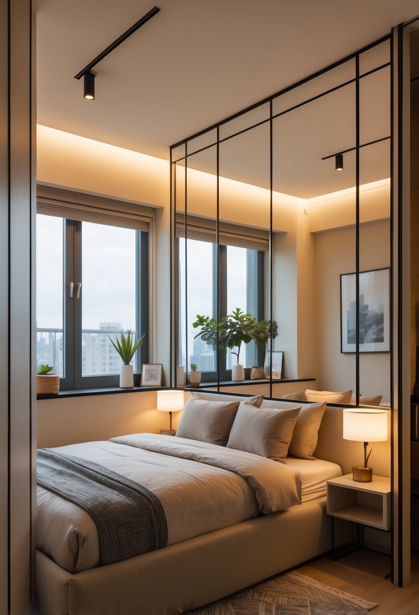 A small bedroom for couples with a double bed and large mirrors on the walls reflecting light to make the space appear bigger.