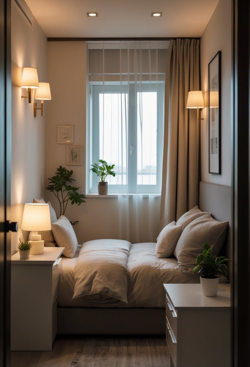 A small bedroom for couples with a double bed, soft layered lighting, bedside lamps, and minimalist furniture creating a cozy atmosphere.