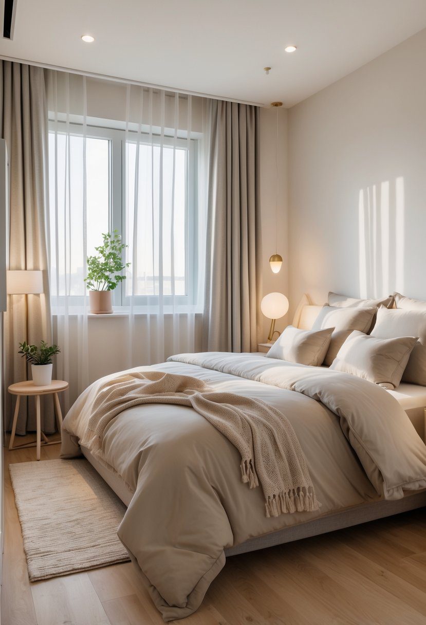 A small bedroom with a queen-size bed, nightstand, lamp, and natural light coming through a window.