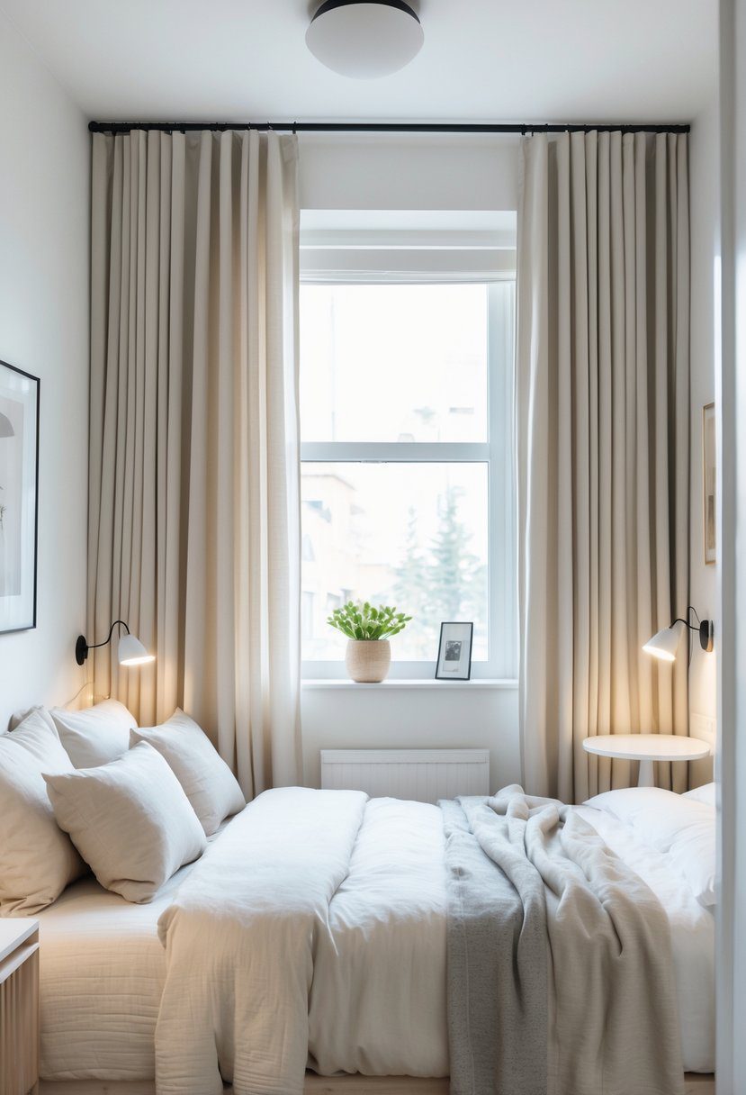 A small bedroom with a double bed and curtains hung close to the ceiling, letting natural light into the room.