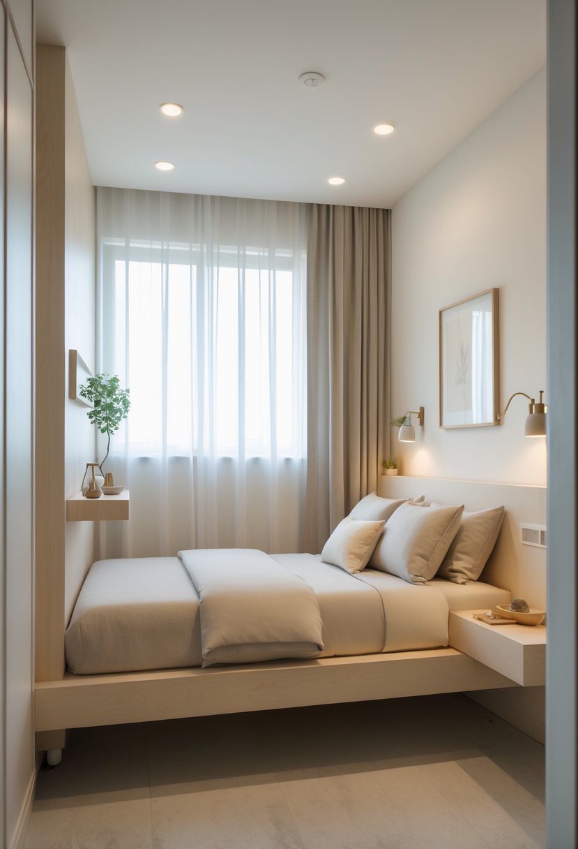 A small bedroom with a queen-sized bed and floating bedside tables on each side, showing an open floor space and soft natural light coming through a window.