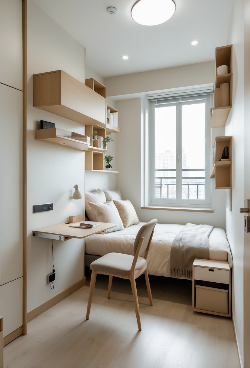 A small bedroom for couples with a foldable wall-mounted desk folded down next to a double bed and organized storage.