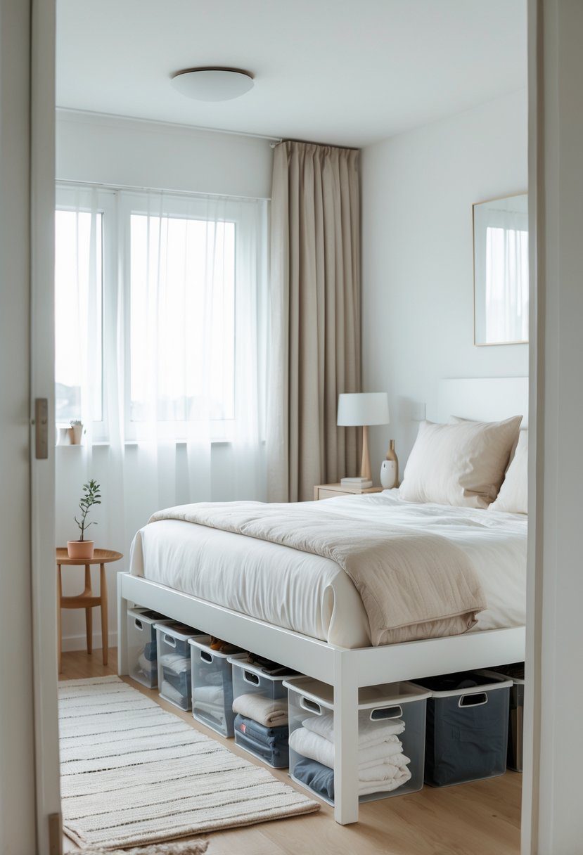 A small bedroom with a bed and clear storage bins neatly organized under it, showing an efficient use of space.