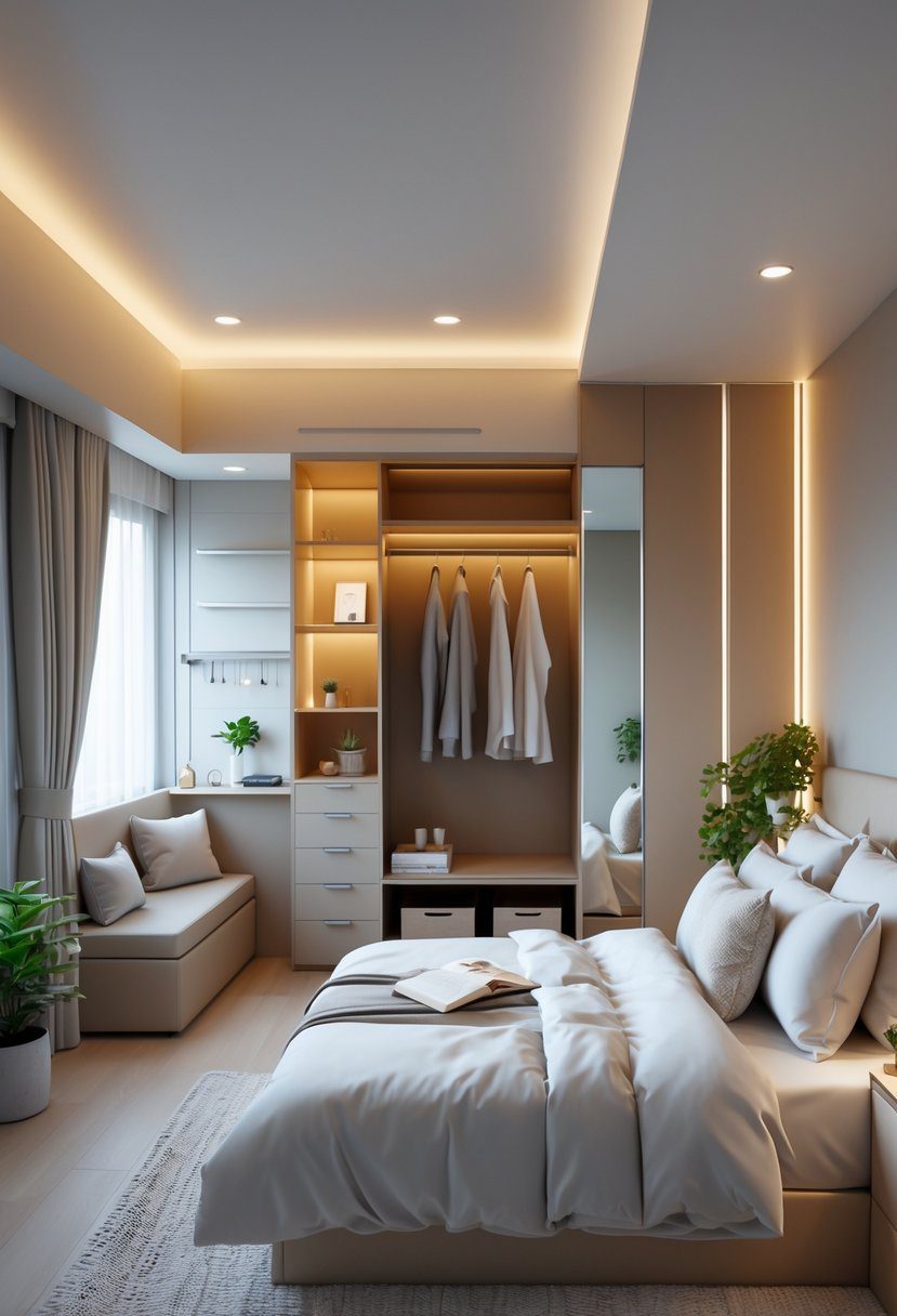 A small bedroom for a couple with a bed, a dressing area with a wardrobe and mirror, and a cozy seating nook for relaxing.