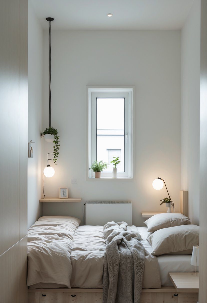 A small bedroom with a double bed, bedside tables, soft natural light, and minimal decor.