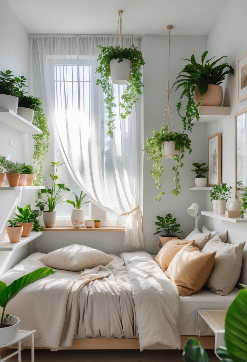 A small bedroom for couples with a double bed, green plants on tables and shelves, natural light through a window, and cozy decor.