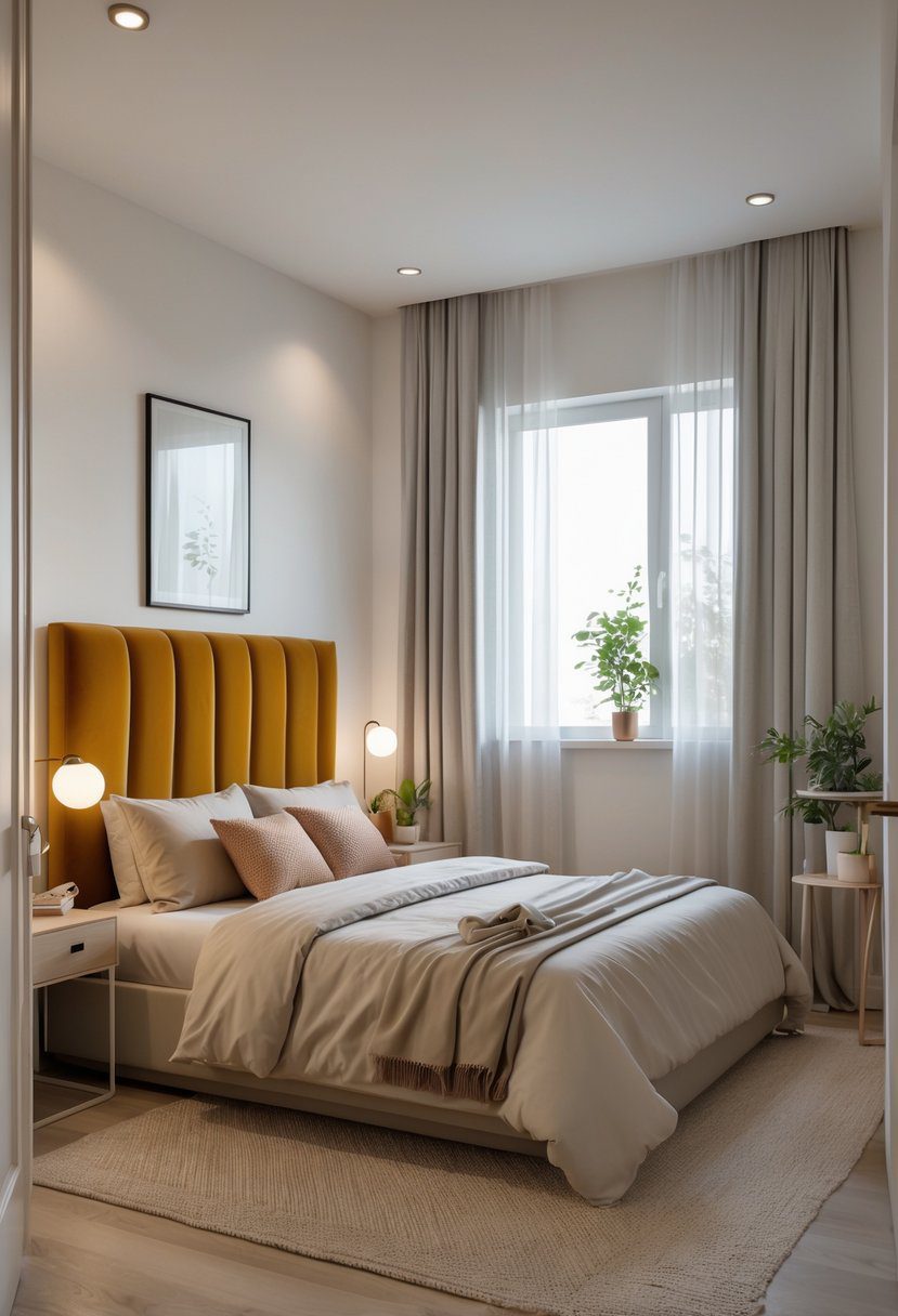 A small bedroom with a bold headboard, a neatly made bed, bedside tables with lamps, and natural light coming through a window.