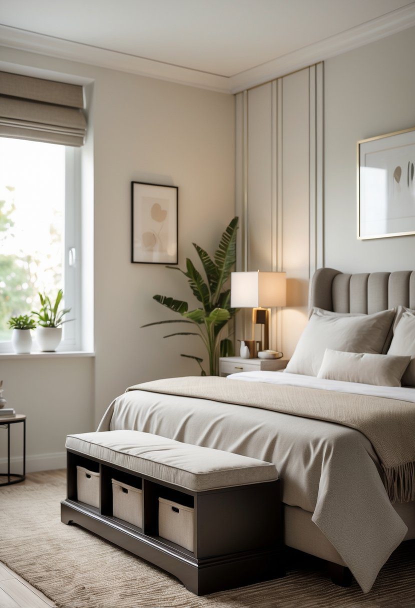 A small bedroom with a bed and a storage bench at the foot of the bed, featuring bedside tables, lamps, and natural light.