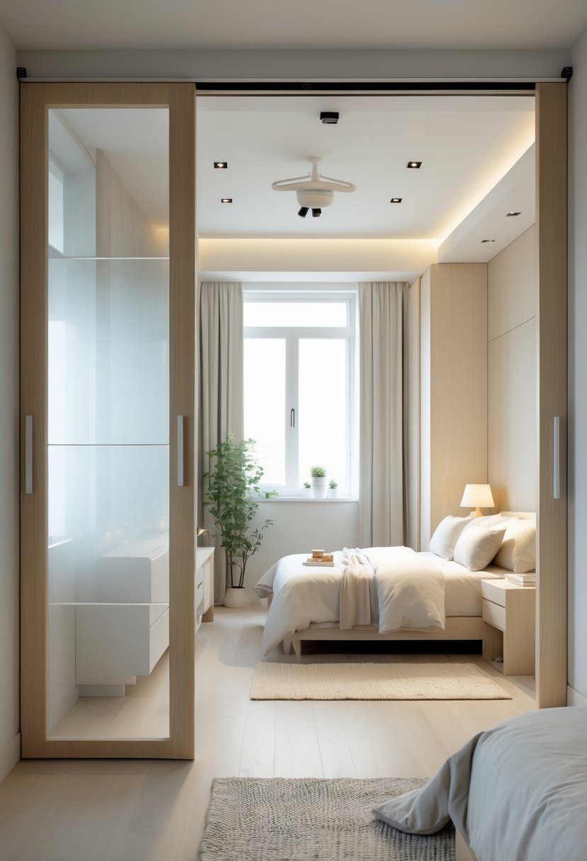 A small bedroom for couples with a double bed and sliding doors on the closet and bathroom to save space.