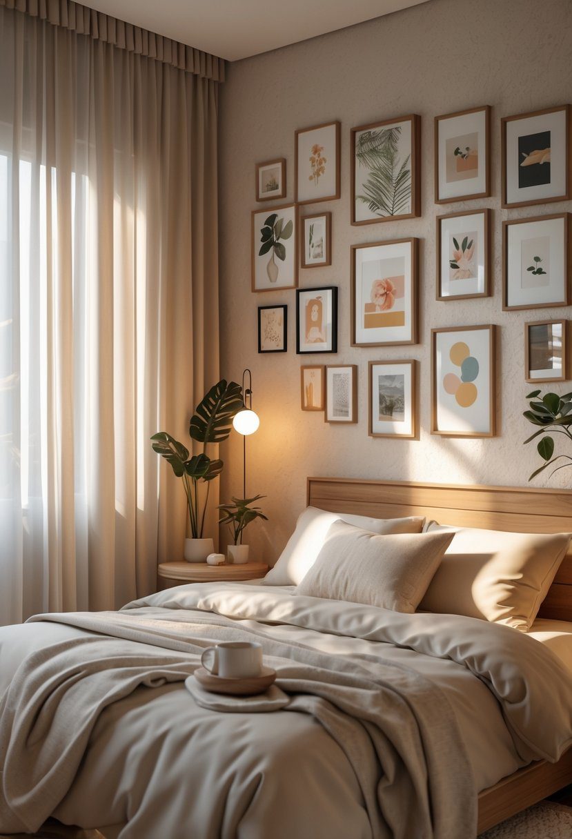 A cozy bedroom with a double bed surrounded by 19 small framed artworks on the walls, soft lighting, and warm decor creating an intimate atmosphere for a couple.